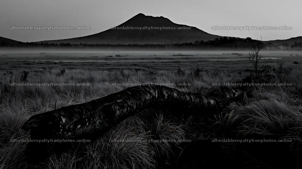 Weathered log in meadow with mountain backdrop at dusk – royalty-free photos 10608x5938