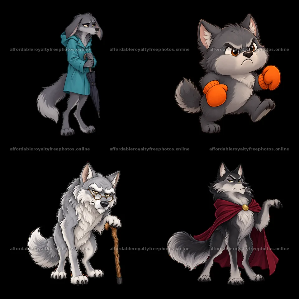 Grumpy wolf characters in diverse poses and outfits – royalty-free photos 7746x7746