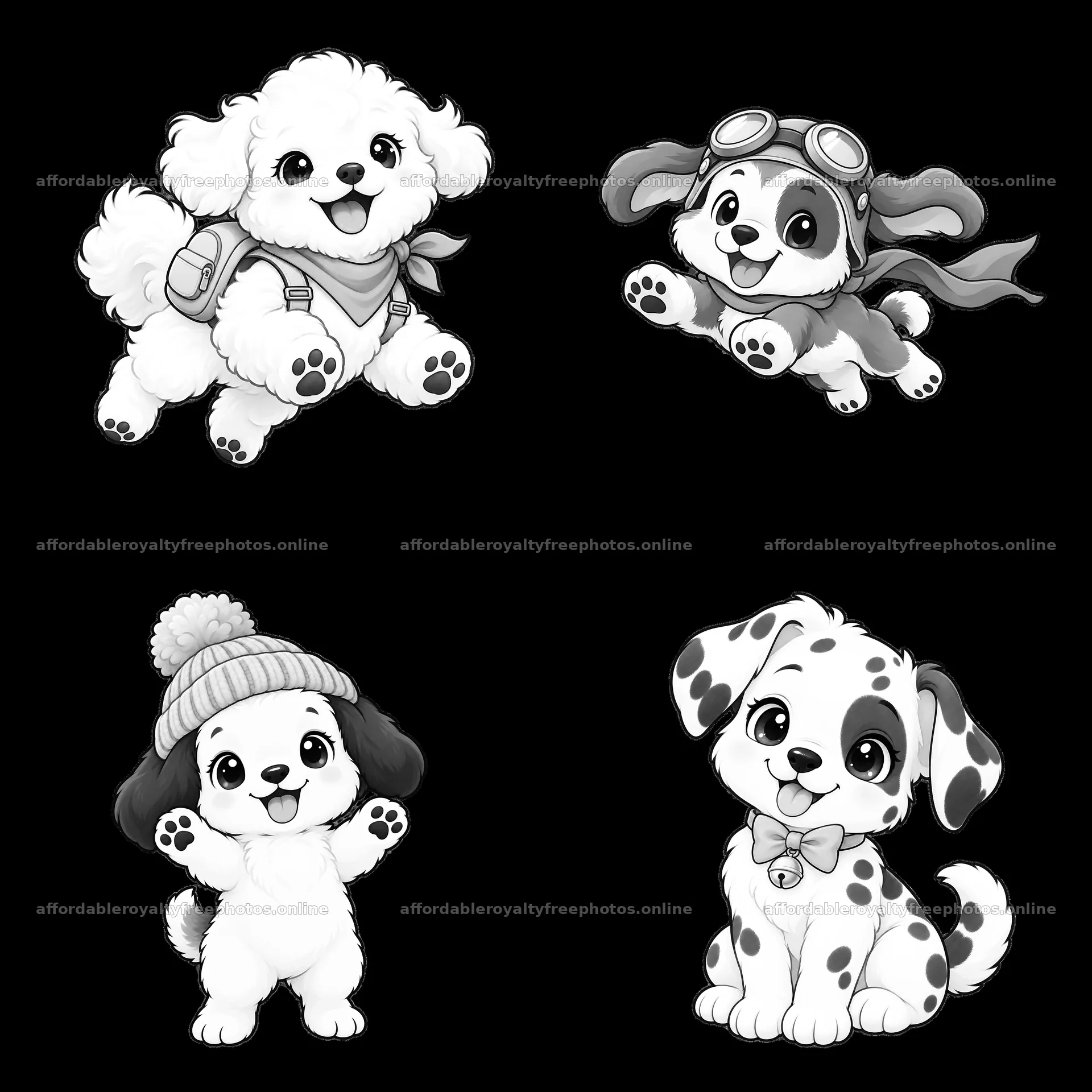 Cute cartoon dogs in playful poses with accessories in a – royalty-free photos 7746x7746