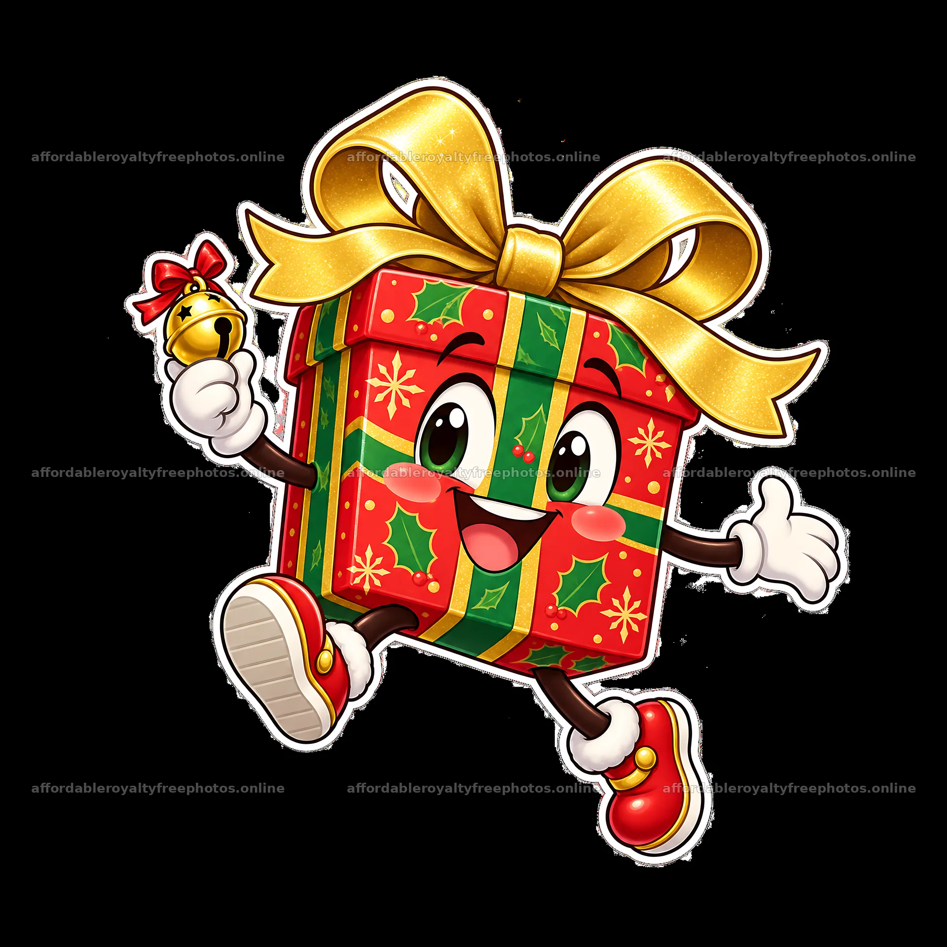 Cheerful Christmas gift box character with bell and ribbon – royalty-free photos 7746x7746