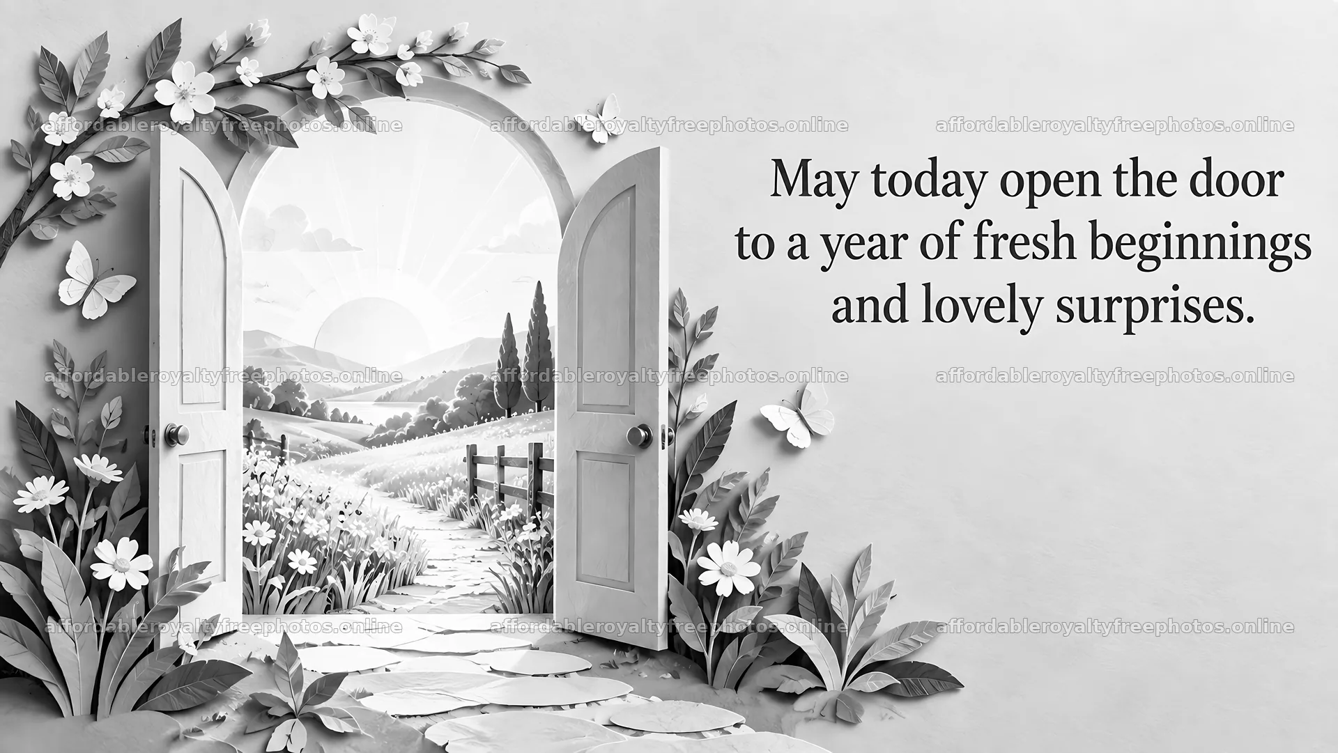Birthday Greeting with an Open Door to a Garden – royalty-free photos 10324x5812