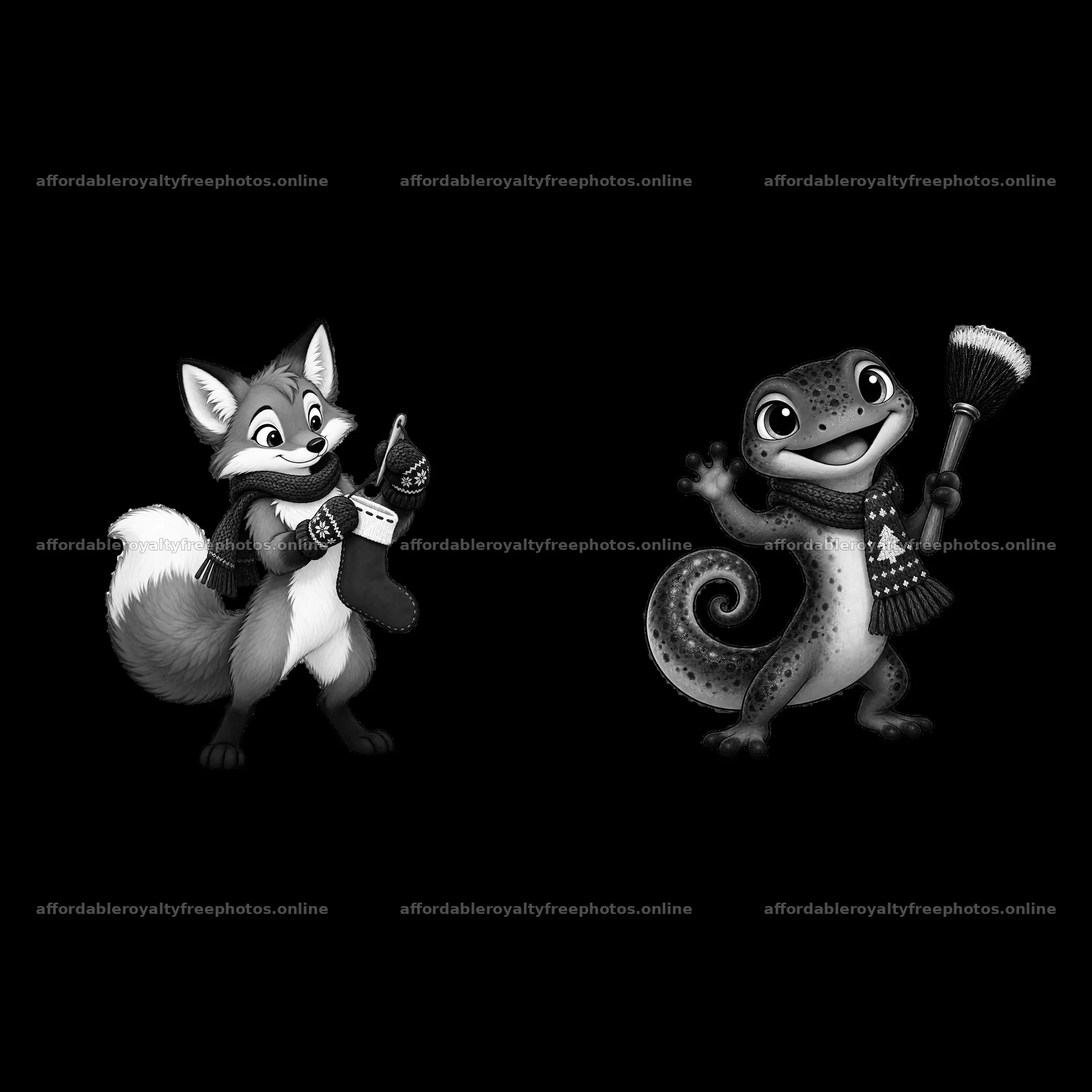 Fox and gecko holding Christmas decorations in a cozy – royalty-free photos 7746x7746