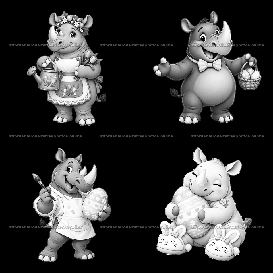 Easter rhinoceros characters with decorations and – royalty-free photos 7746x7746