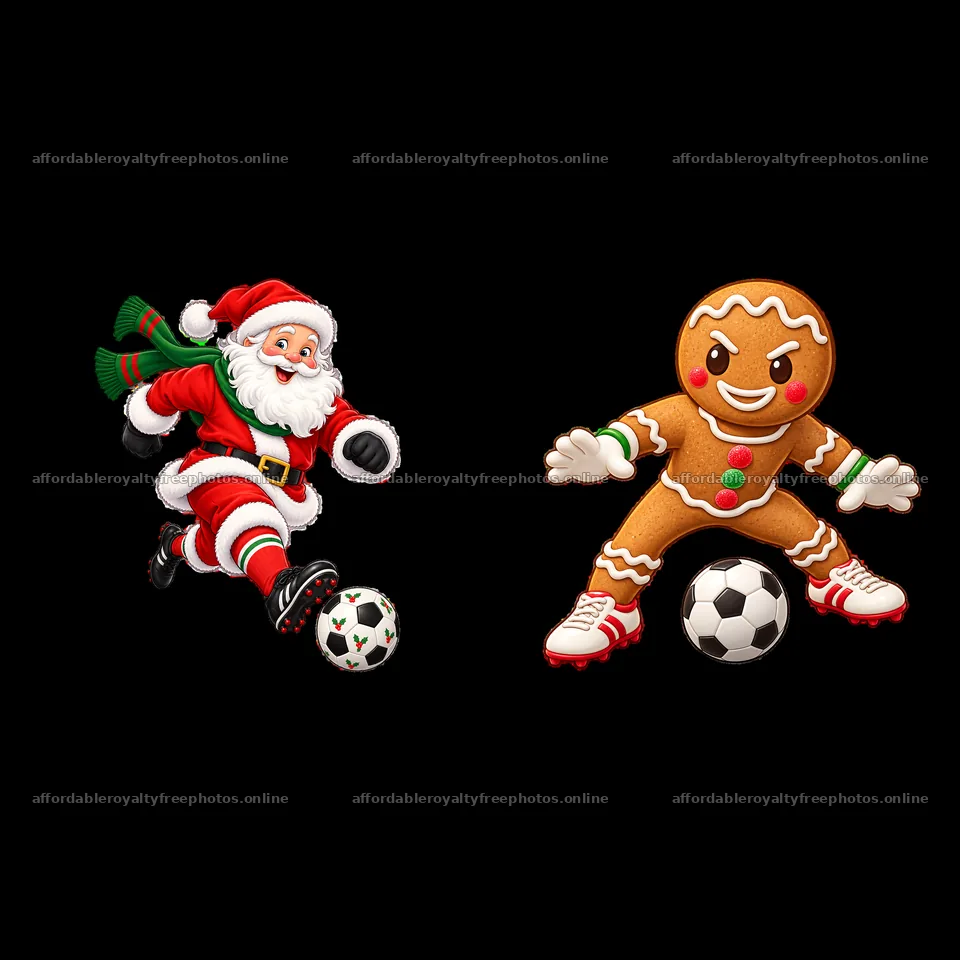 Santa and gingerbread man playing soccer with a ball – royalty-free photos 7746x7746