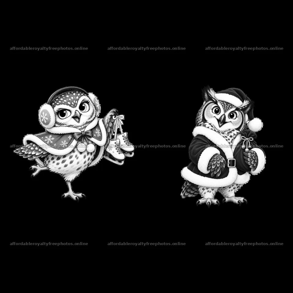 Christmas owls wearing winter attire and holding skates – royalty-free photos 7746x7746