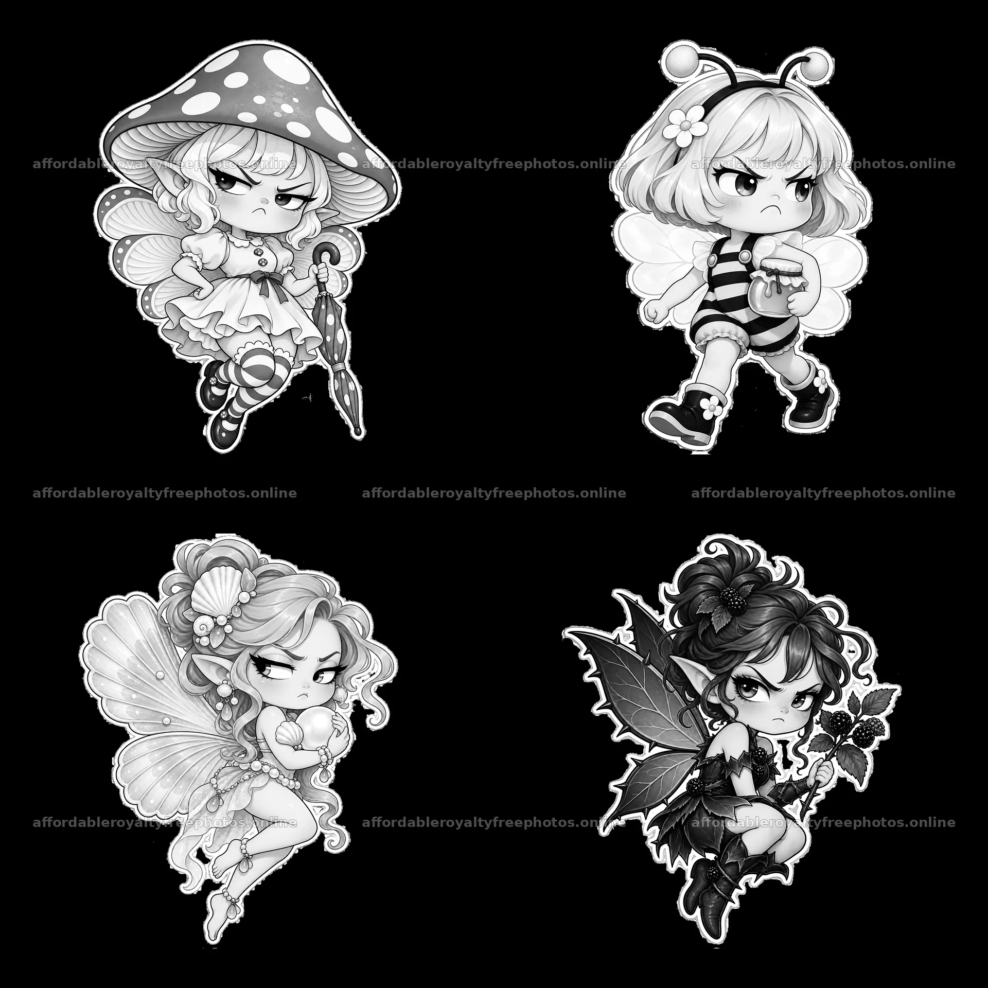 Kawaii grumpy fairies and bee cartoon stickers layout – royalty-free photos 7746x7746