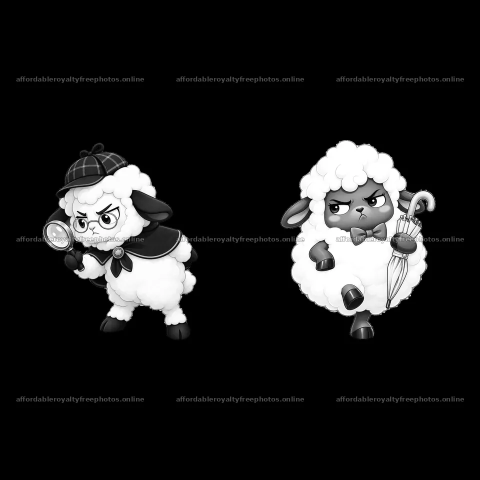 Kawaii grumpy sheep with magnifying glass and umbrella – royalty-free photos 7746x7746
