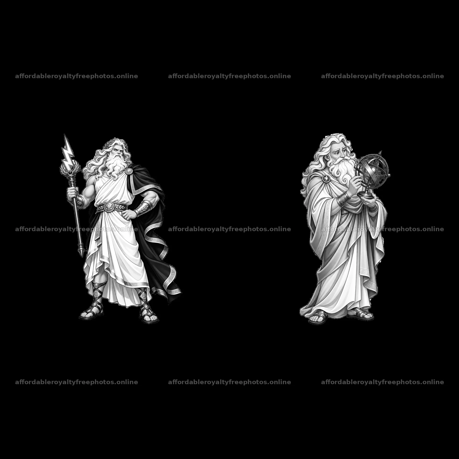Zeus with lightning bolt and globe in black and white – royalty-free photos 7746x7746