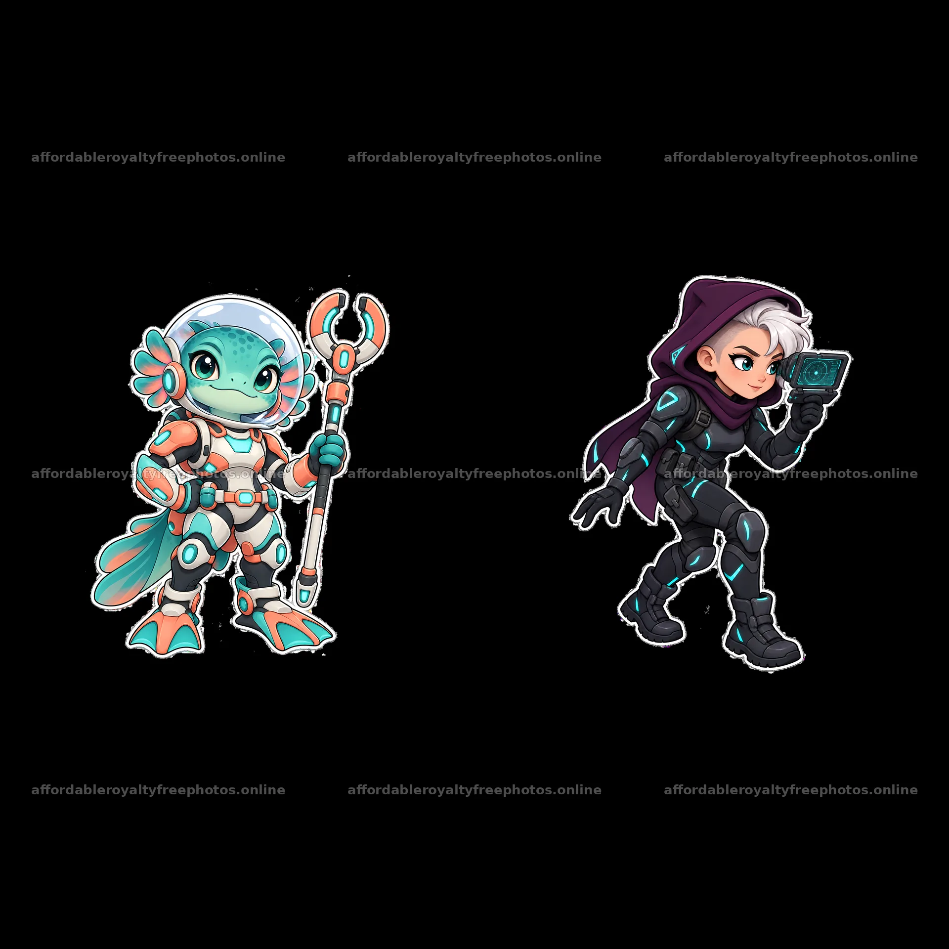 Kawaii futuristic super-soldier duo with gadgets in – royalty-free photos 7746x7746