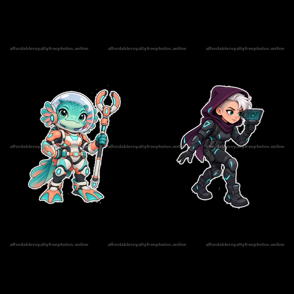 Kawaii futuristic super-soldier duo with gadgets in – royalty-free photos 7746x7746