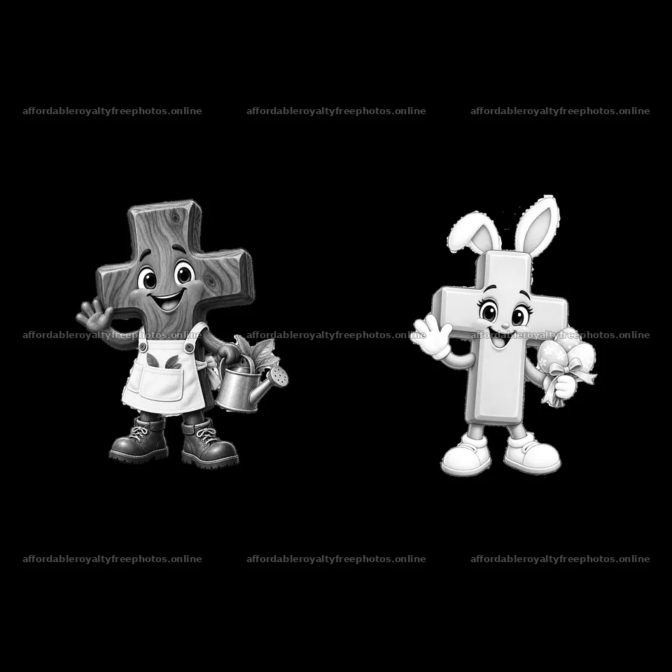 Easter cross characters with bunny and watering can – royalty-free photos 7746x7746
