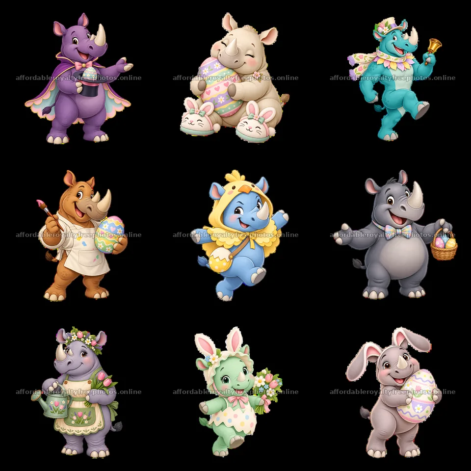 Easter rhinoceros characters and friends in fun – royalty-free photos 7746x7746