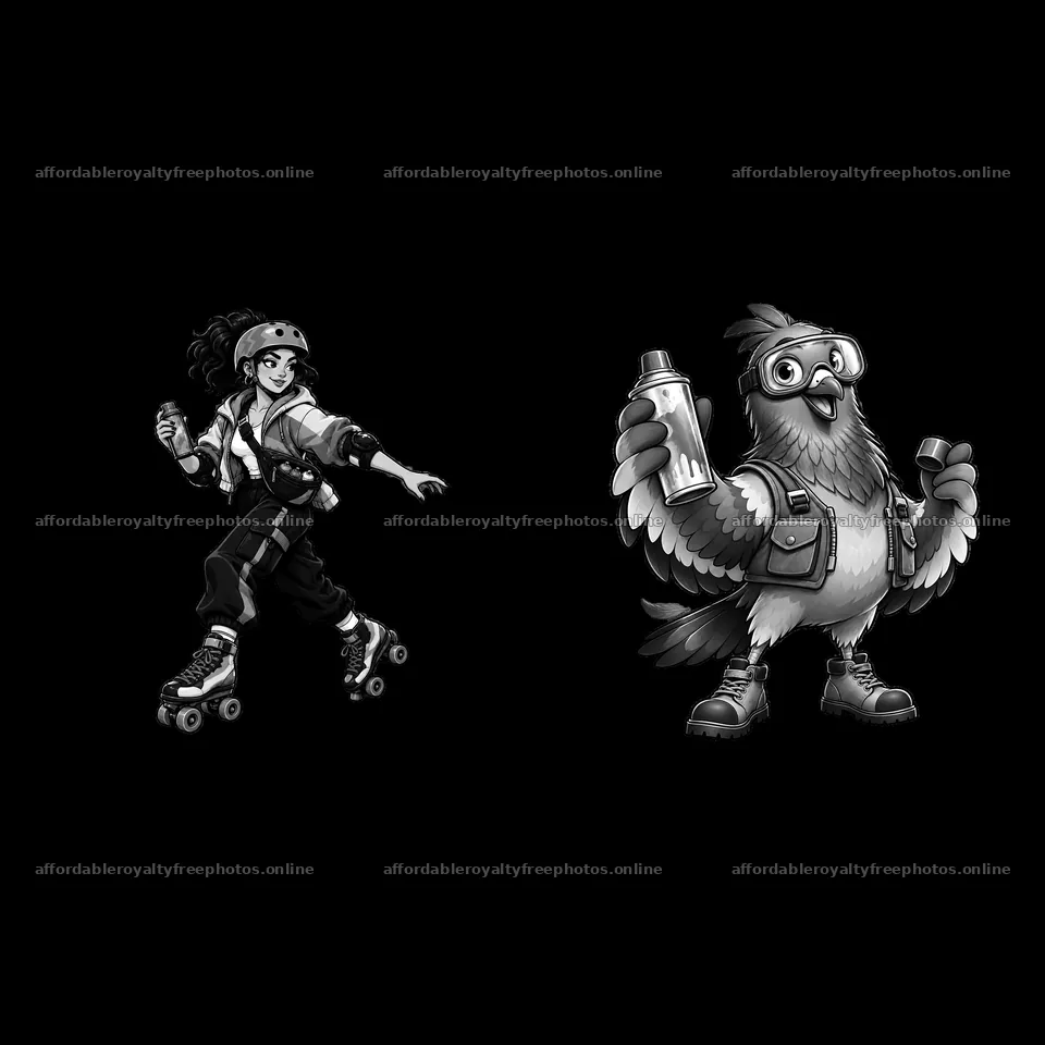 Graffiti artist and cartoon bird with spray can in black – royalty-free photos 7746x7746