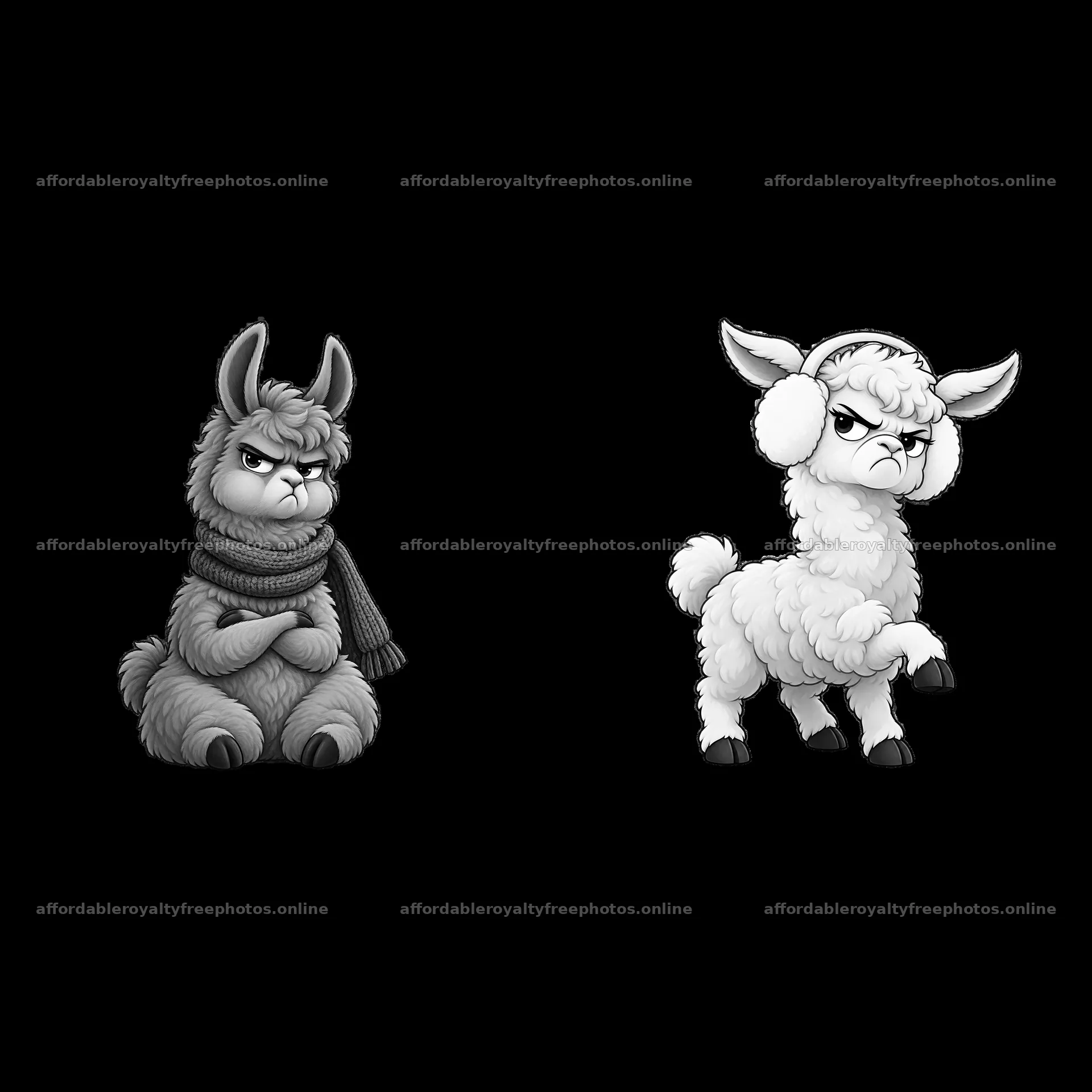 Grumpy llama and sheep with accessories in monochrome – royalty-free photos 7746x7746