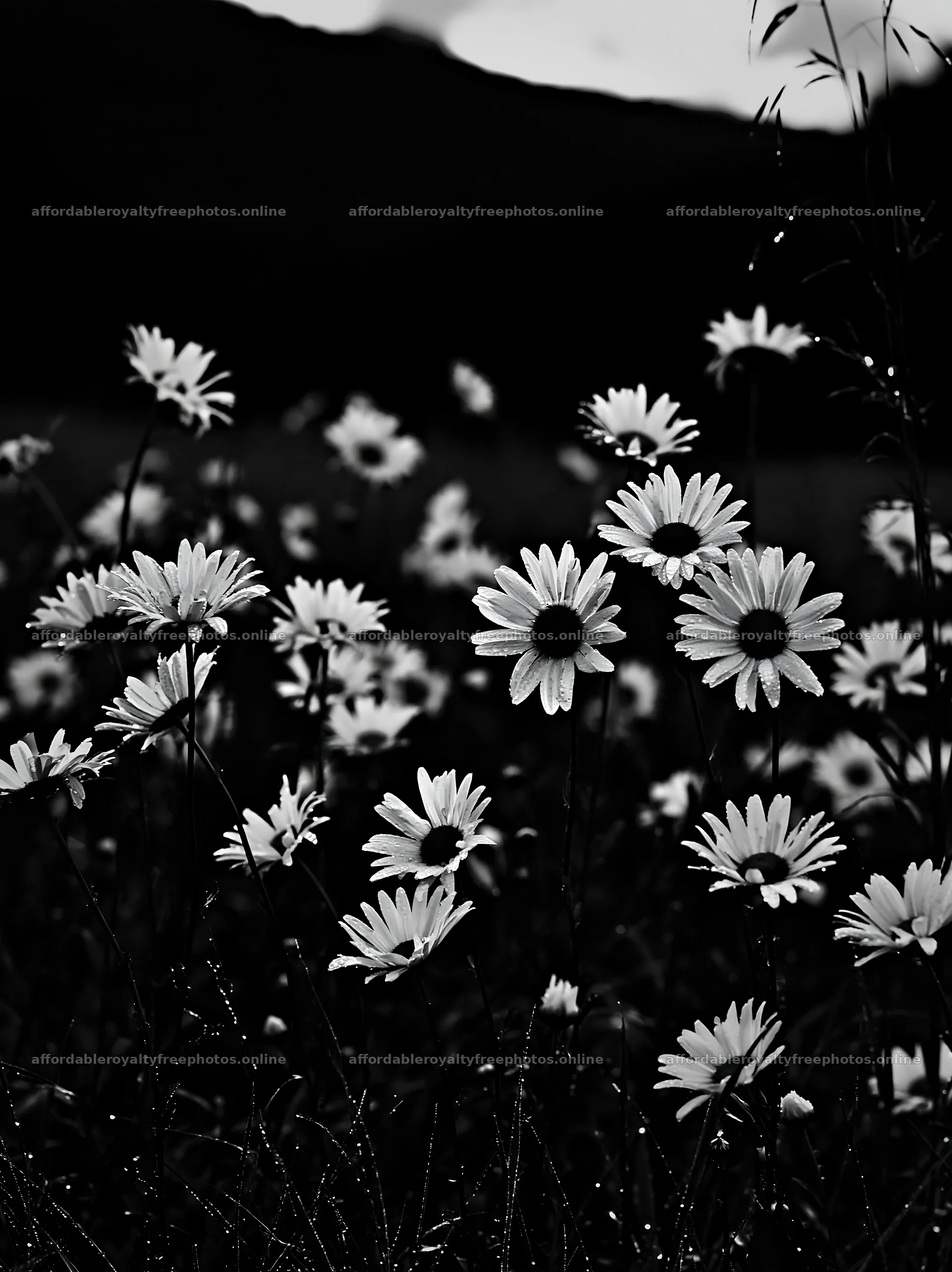Silver dew meadow with flowers in black and white – royalty-free photos 6866x9174