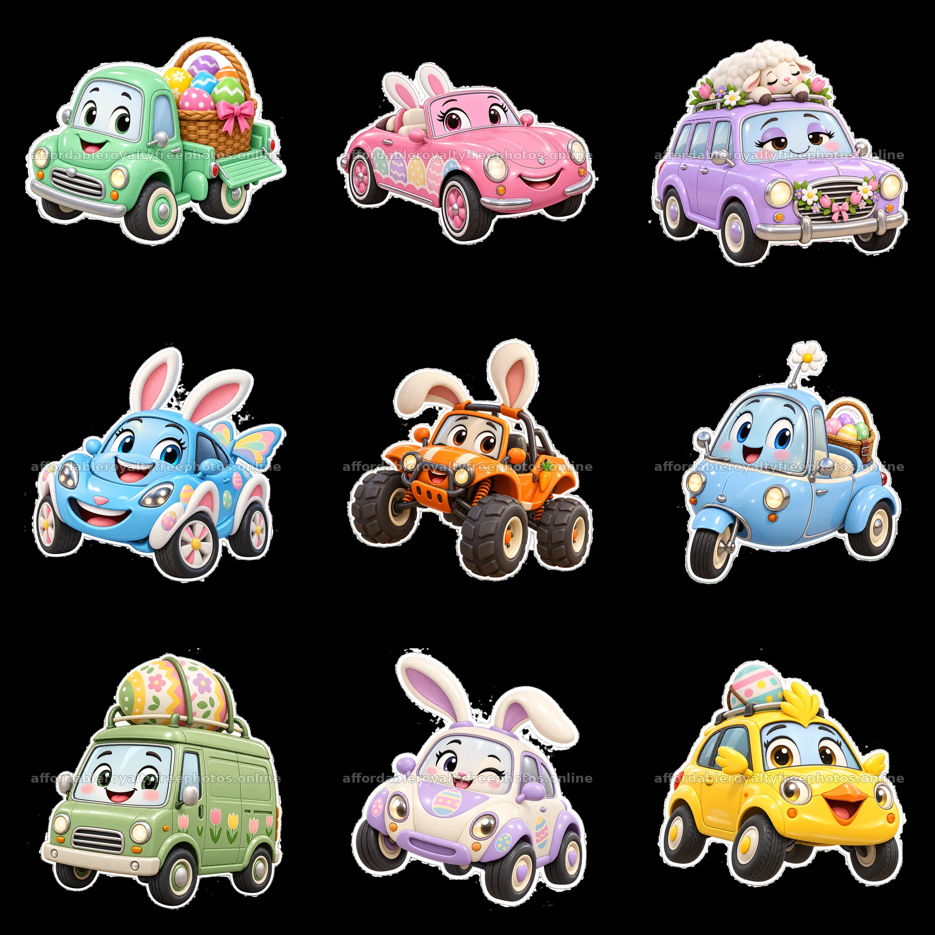 Easter themed cartoon cars with bunny and egg designs – royalty-free photos 7746x7746