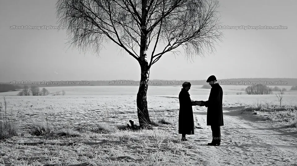 Winter meadow with two people exchanging gifts – royalty-free photos 10608x5938