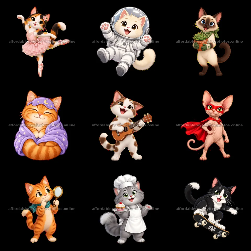 Colorful cartoon cats in various fun costumes and – royalty-free photos 7746x7746