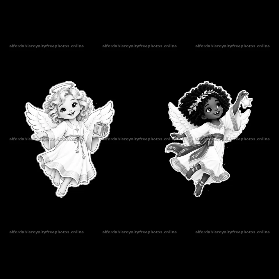 Cute angels with gifts celebrating Christmas – royalty-free photos 7746x7746