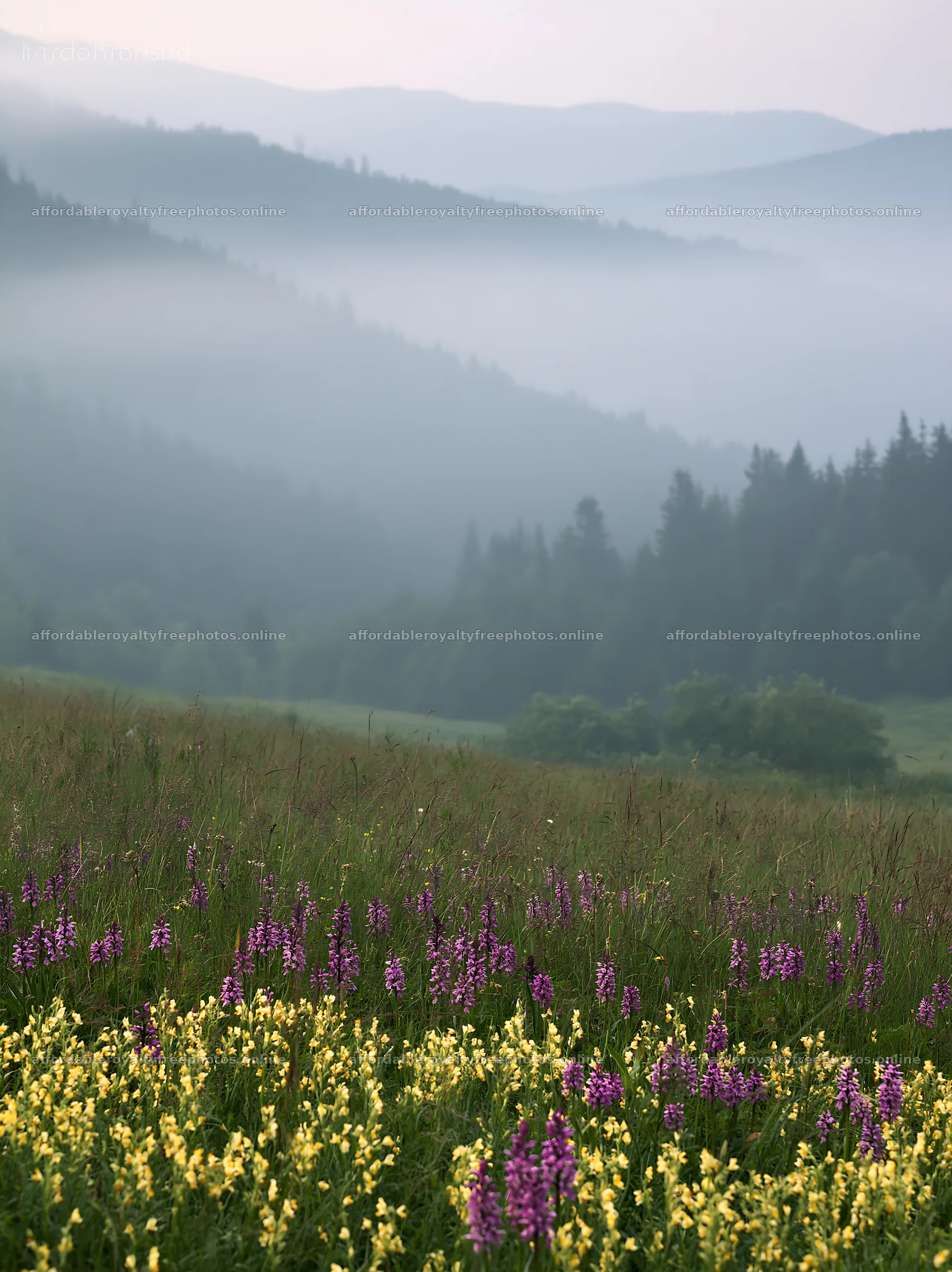 Colorful orchid meadow in misty mountain landscape – royalty-free photos 6866x9174