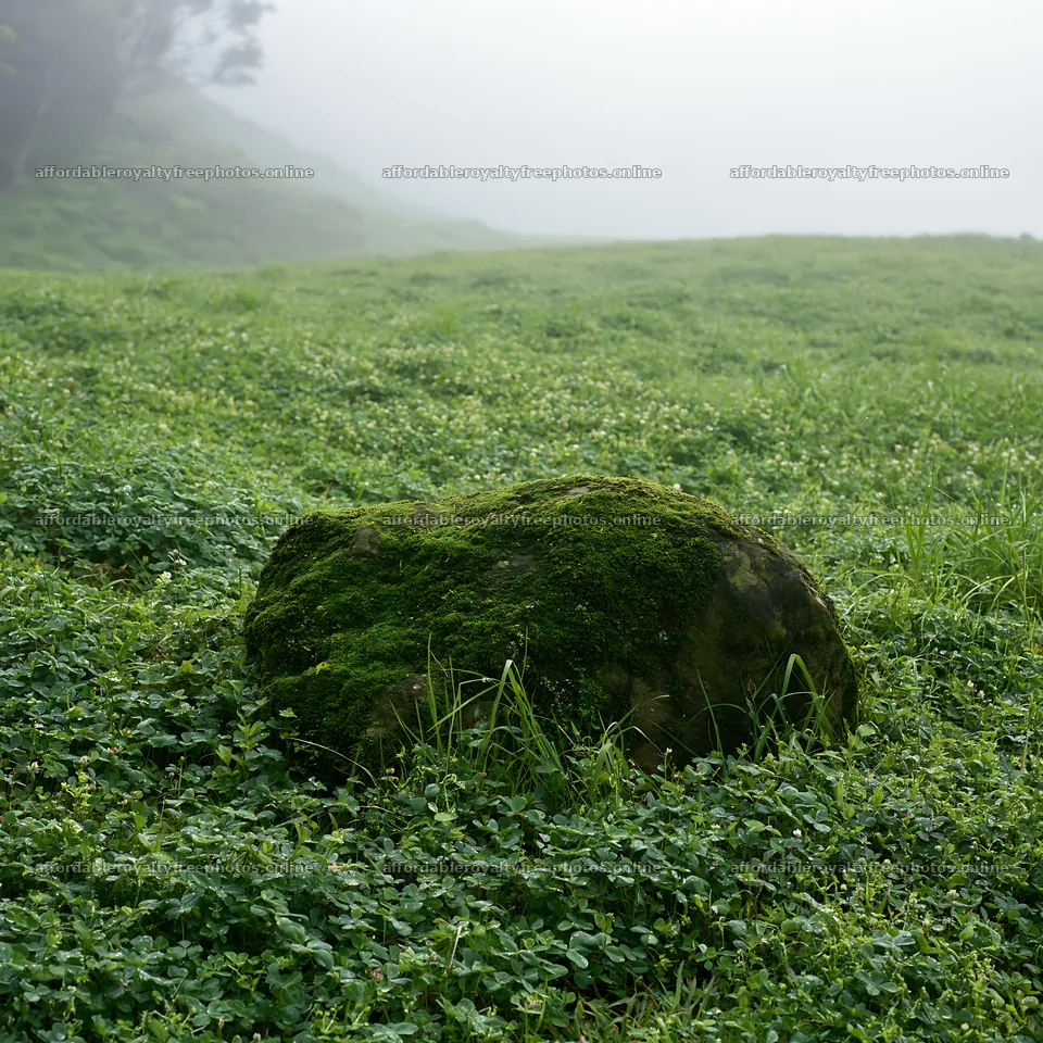 Misty meadow with moss covered stone in Shimane – royalty-free photos 7938x7938
