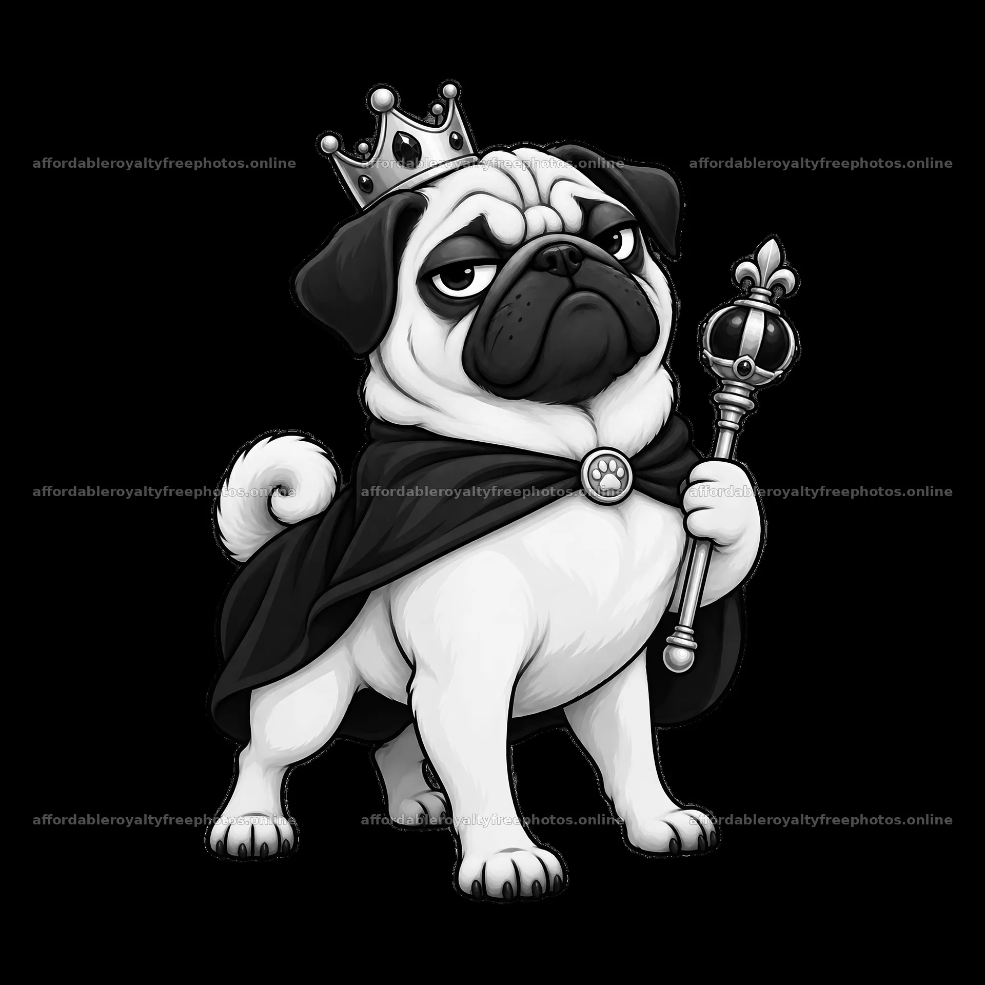 Grumpy dog wearing a crown and cape holds a scepter – royalty-free photos 7746x7746