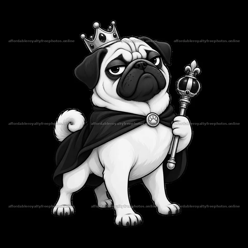 Grumpy dog wearing a crown and cape holds a scepter – royalty-free photos 7746x7746