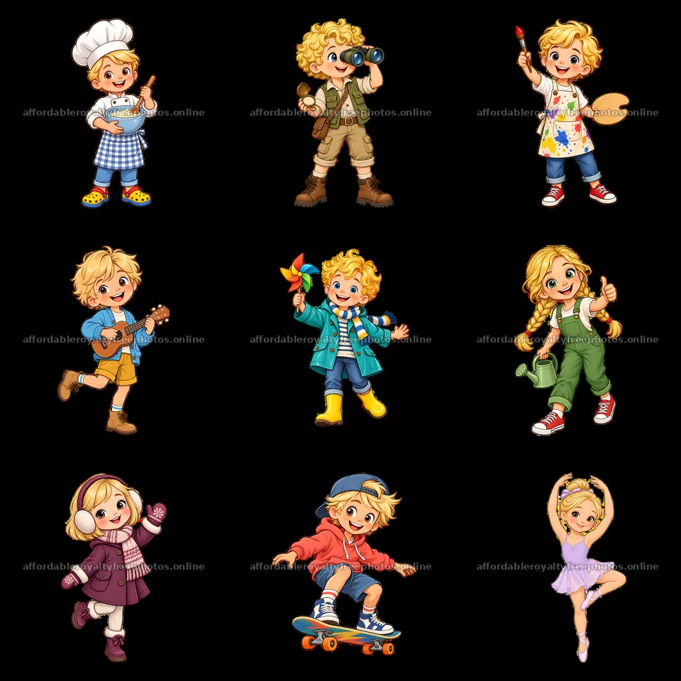 Blond child characters engaged in various fun activities – royalty-free photos 7746x7746