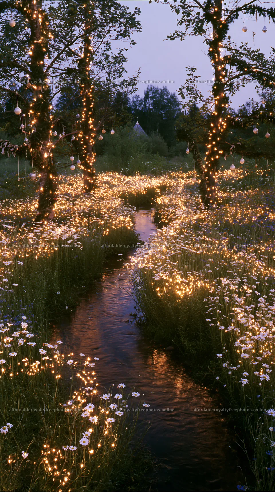 Christmas lights illuminate stream in meadow at dusk – royalty-free photos 5938x10608