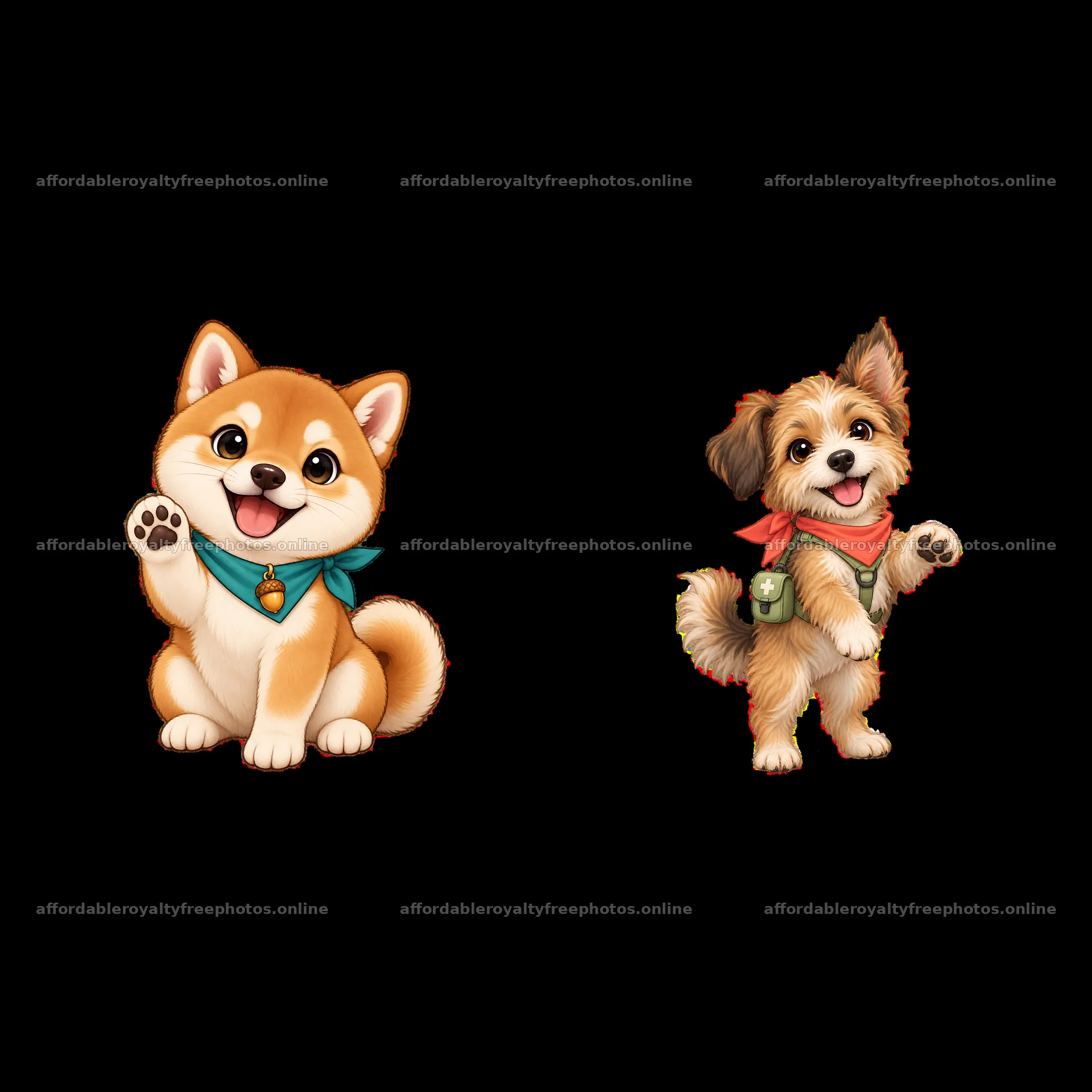 Two cute K-9 dogs wearing accessories and smiling happily – royalty-free photos 7746x7746