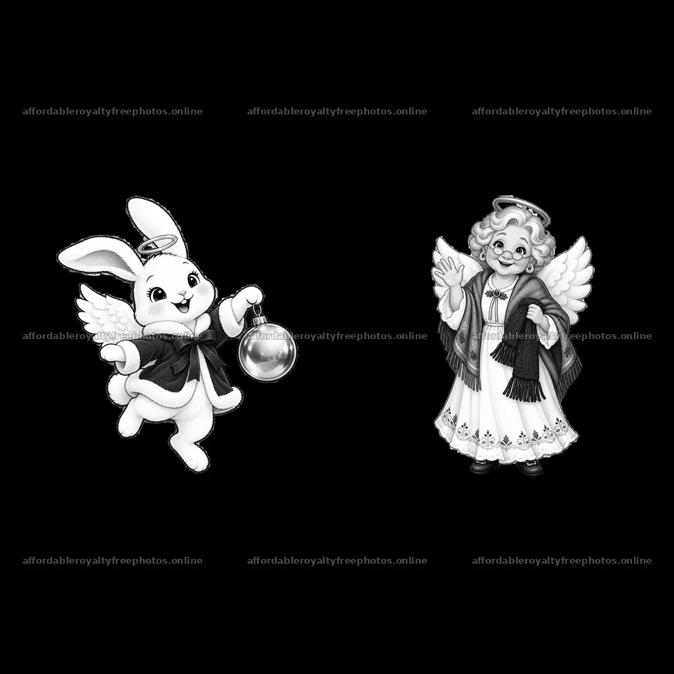 Christmas angel rabbit with ornament and angel holding – royalty-free photos 7746x7746
