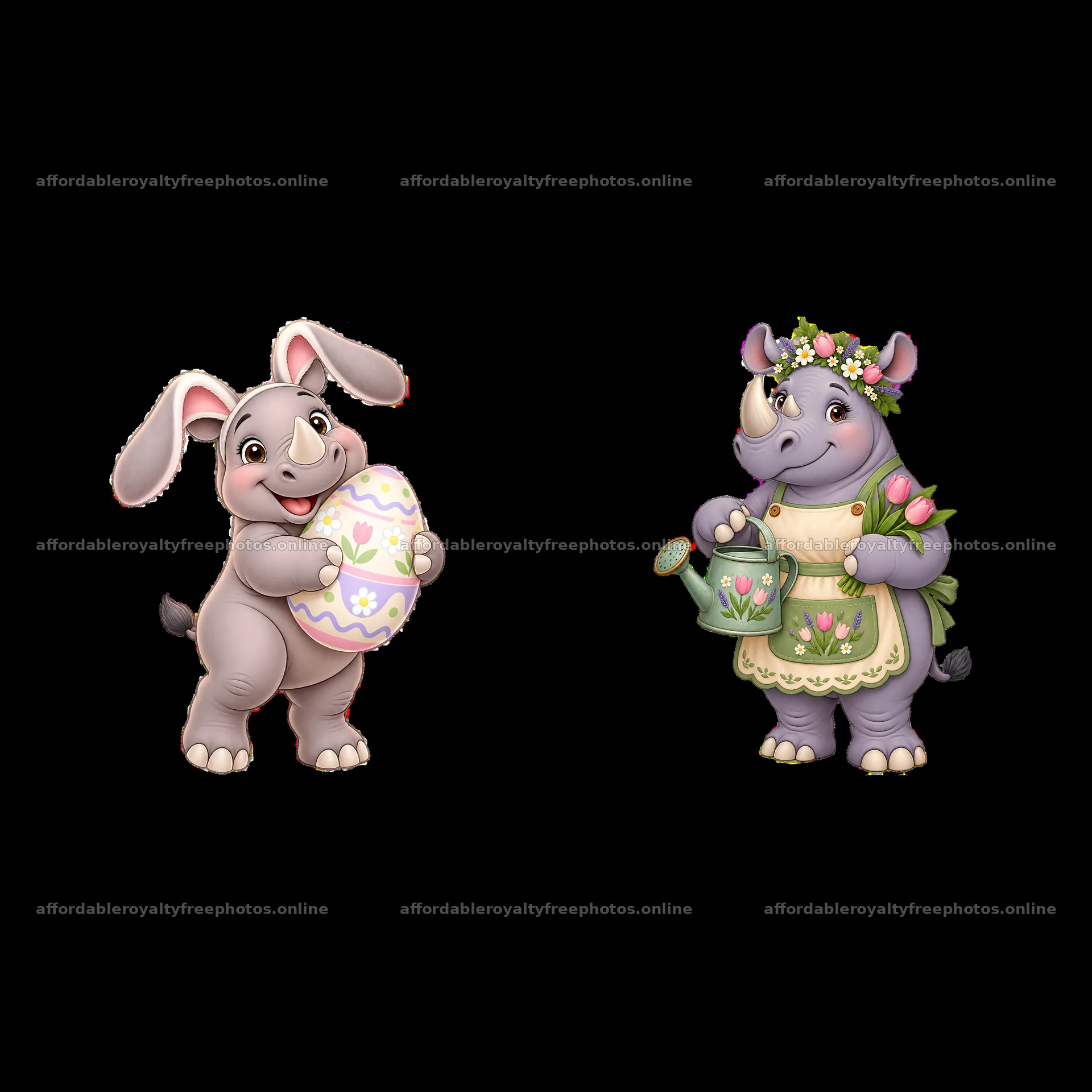 Easter rhinoceros and bunny holding decorated egg – royalty-free photos 7746x7746