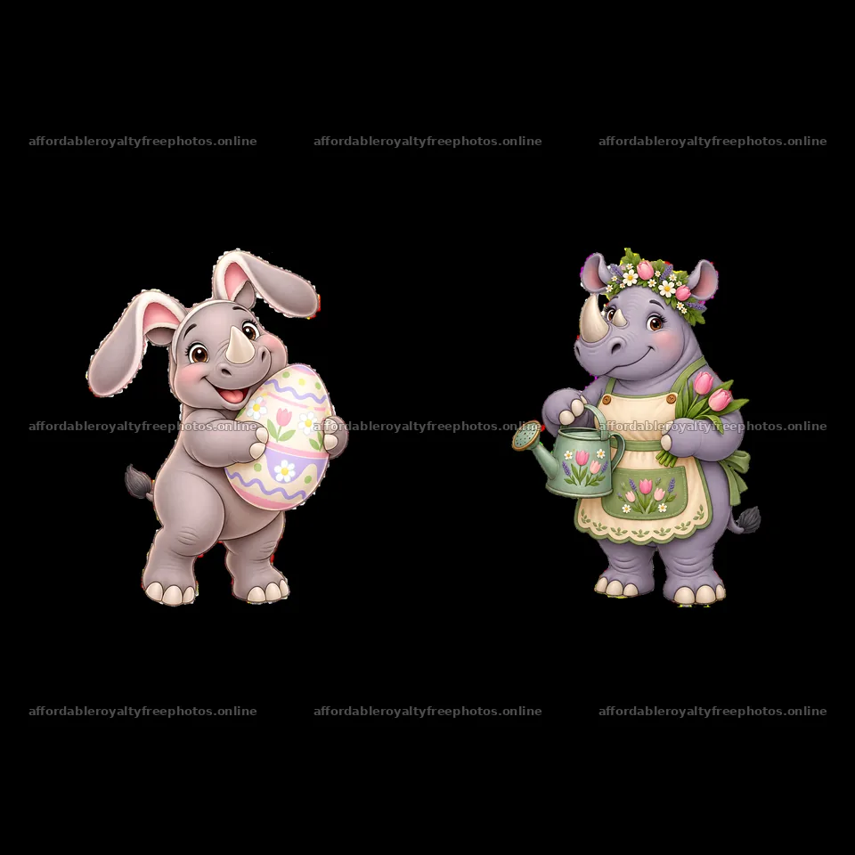 Easter rhinoceros and bunny holding decorated egg – royalty-free photos 7746x7746