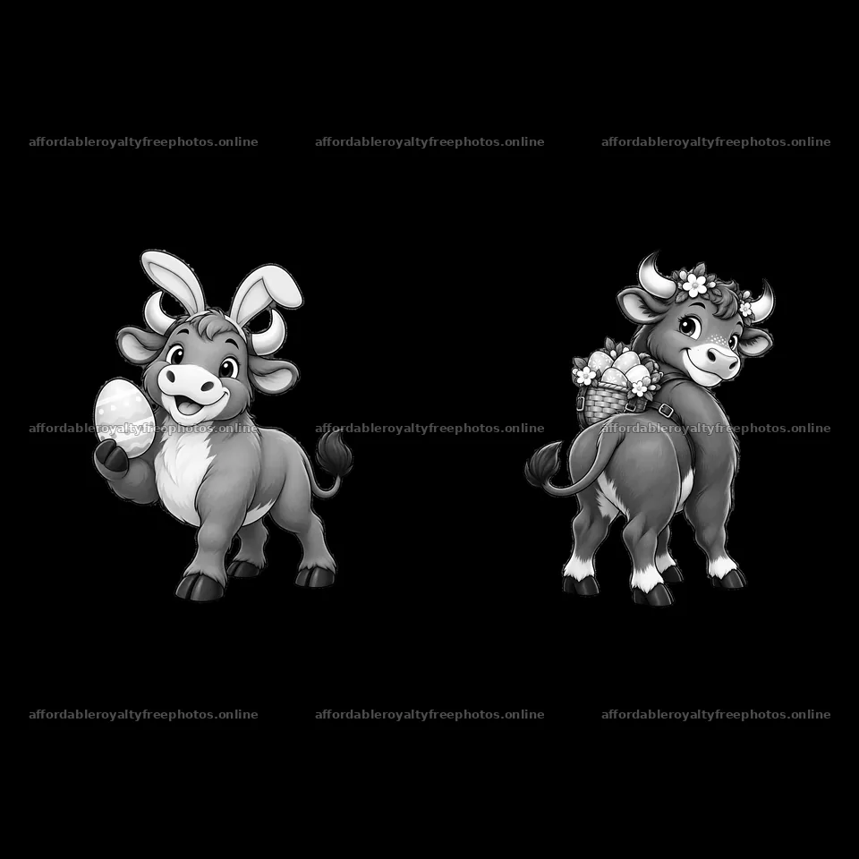 Easter Ox characters with egg and gift basket in – royalty-free photos 7746x7746