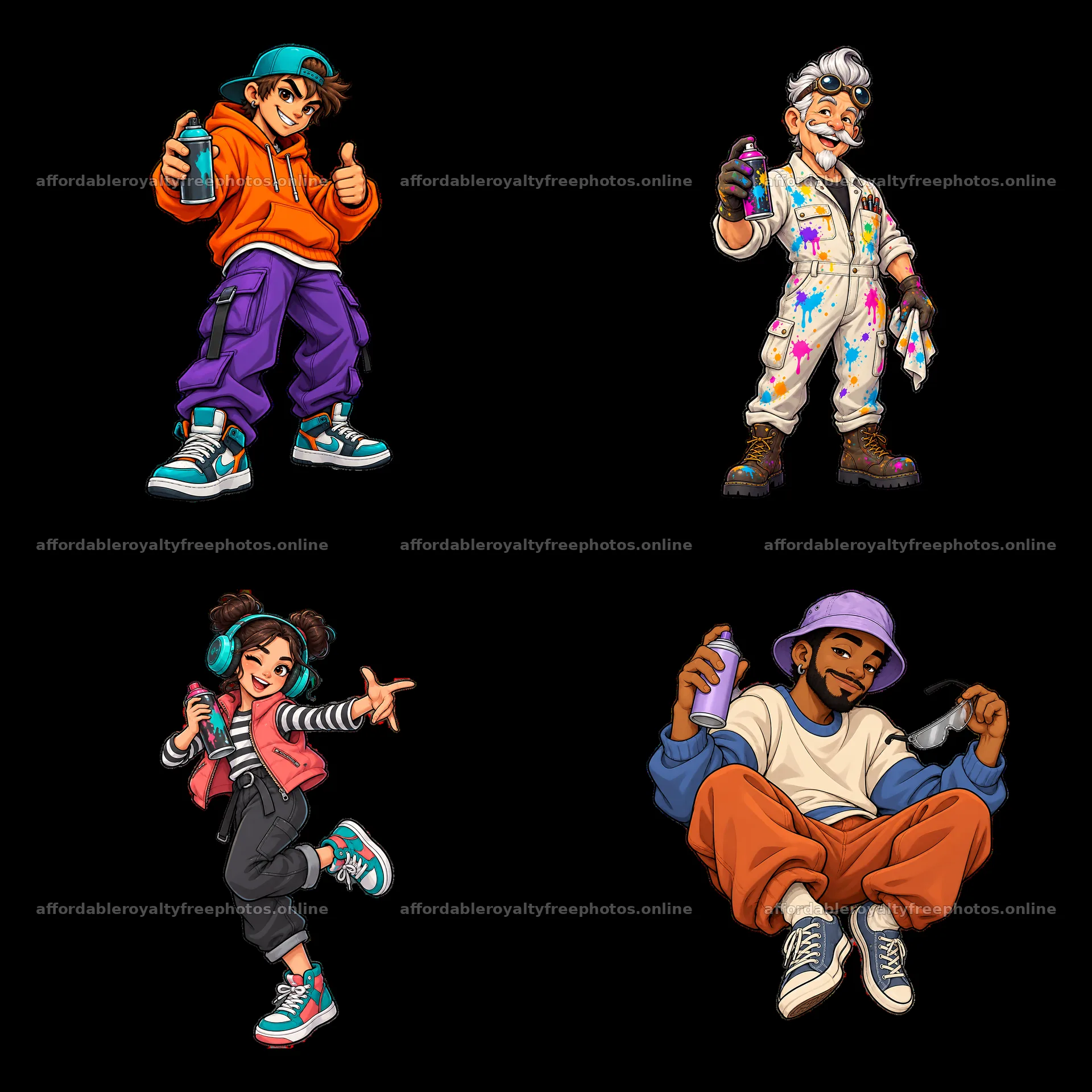 Cool graffiti sprayer characters in a 2x2 grid layout – royalty-free photos 7746x7746