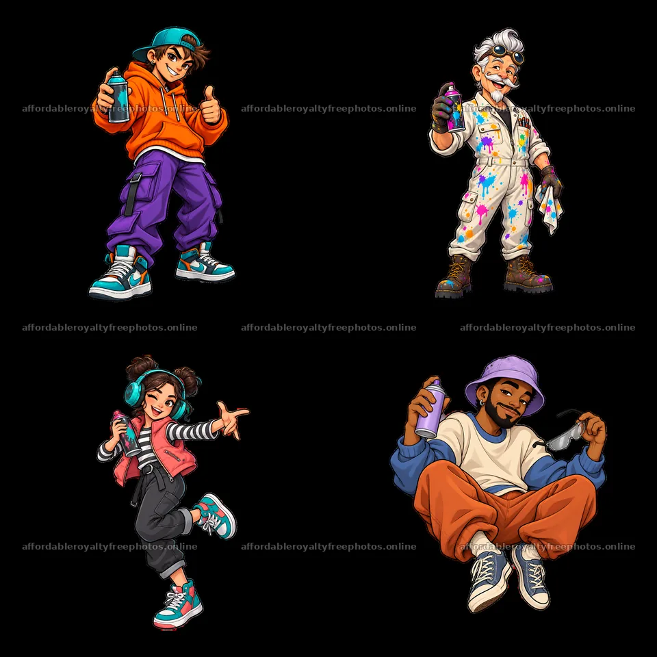 Cool graffiti sprayer characters in a 2x2 grid layout – royalty-free photos 7746x7746