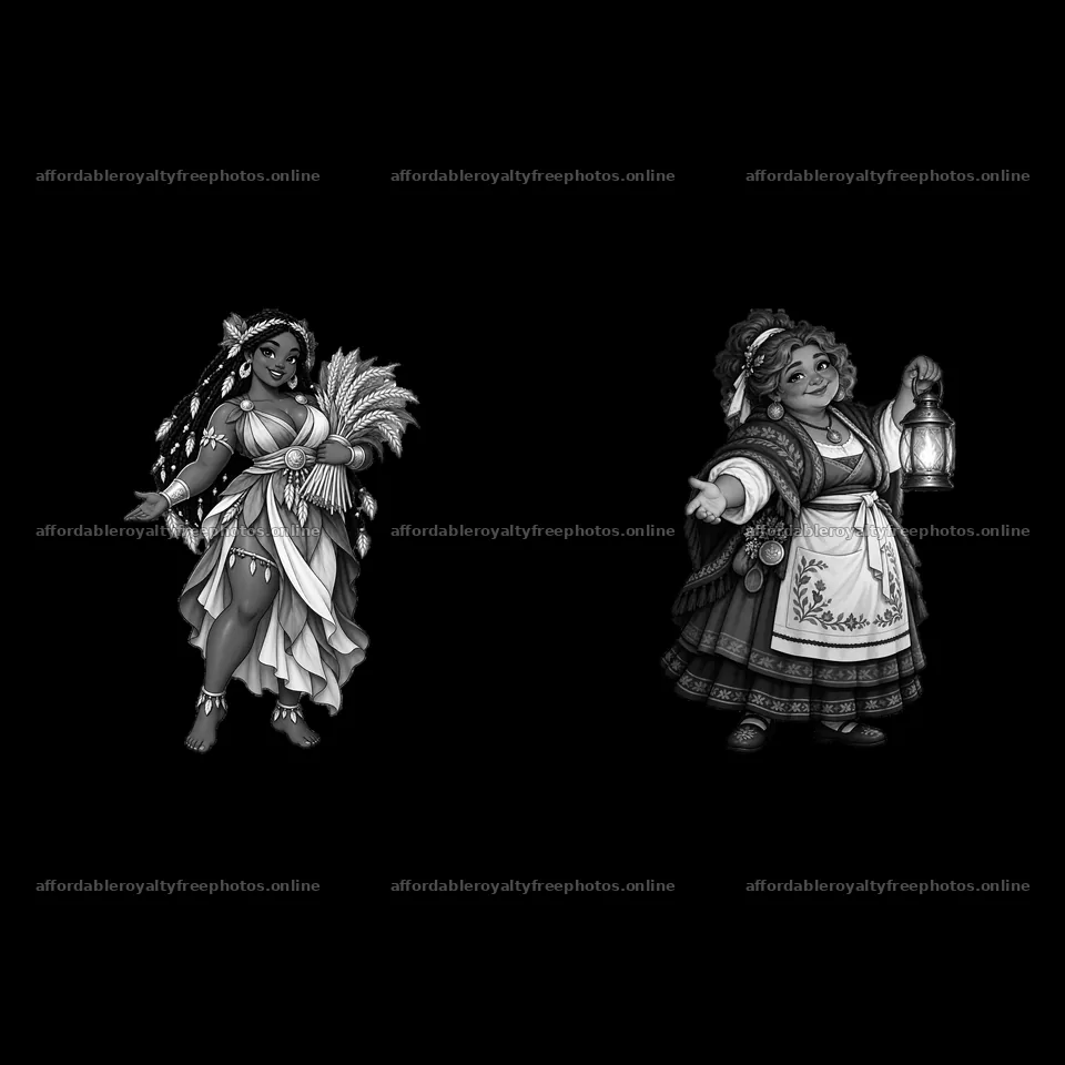 Pair of cartoon stickers featuring pagan goddesses with – royalty-free photos 7746x7746