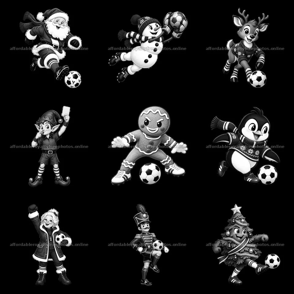 Christmas soccer characters in black and white cartoon – royalty-free photos 7746x7746