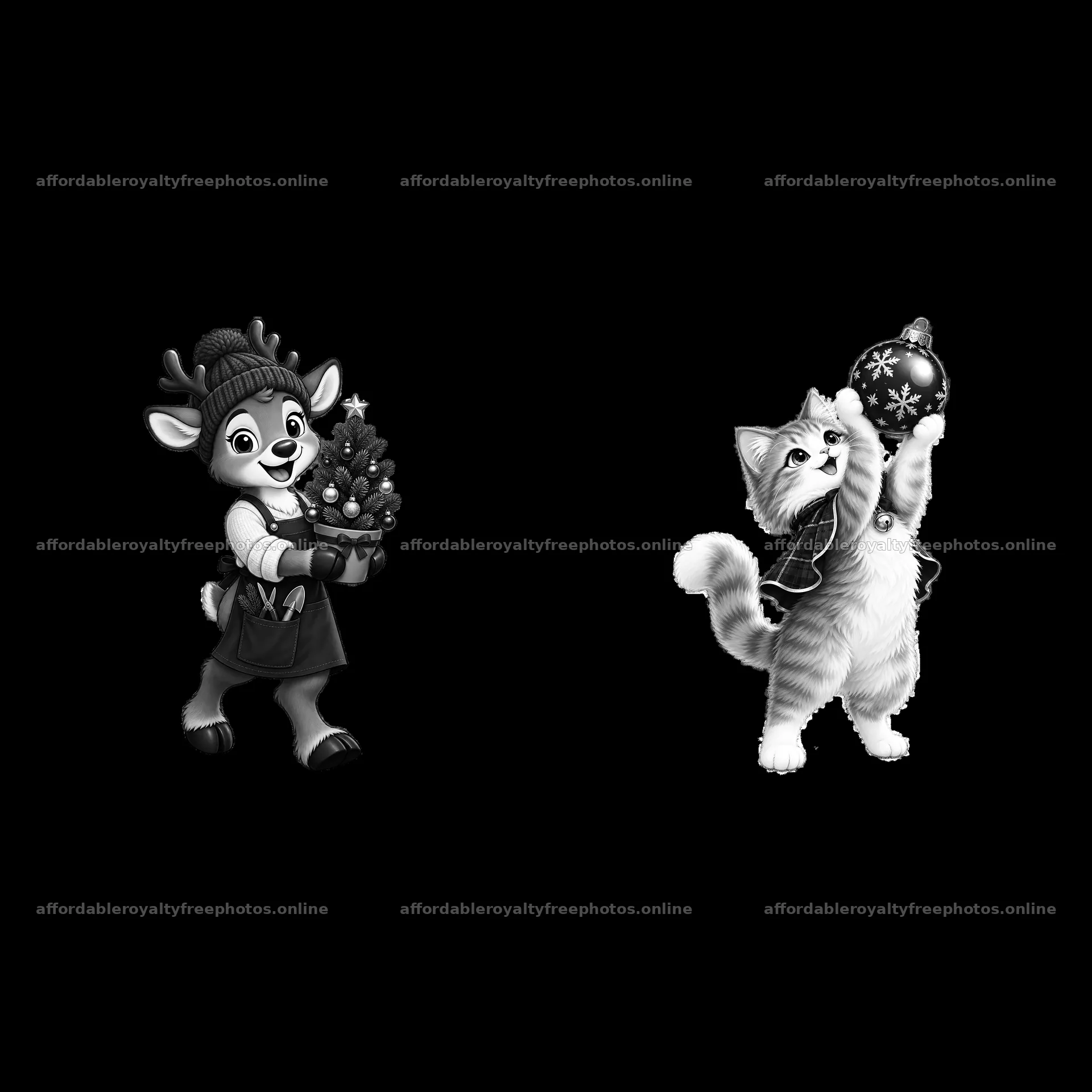 Christmas-themed deer and cat cartoon stickers together – royalty-free photos 7746x7746