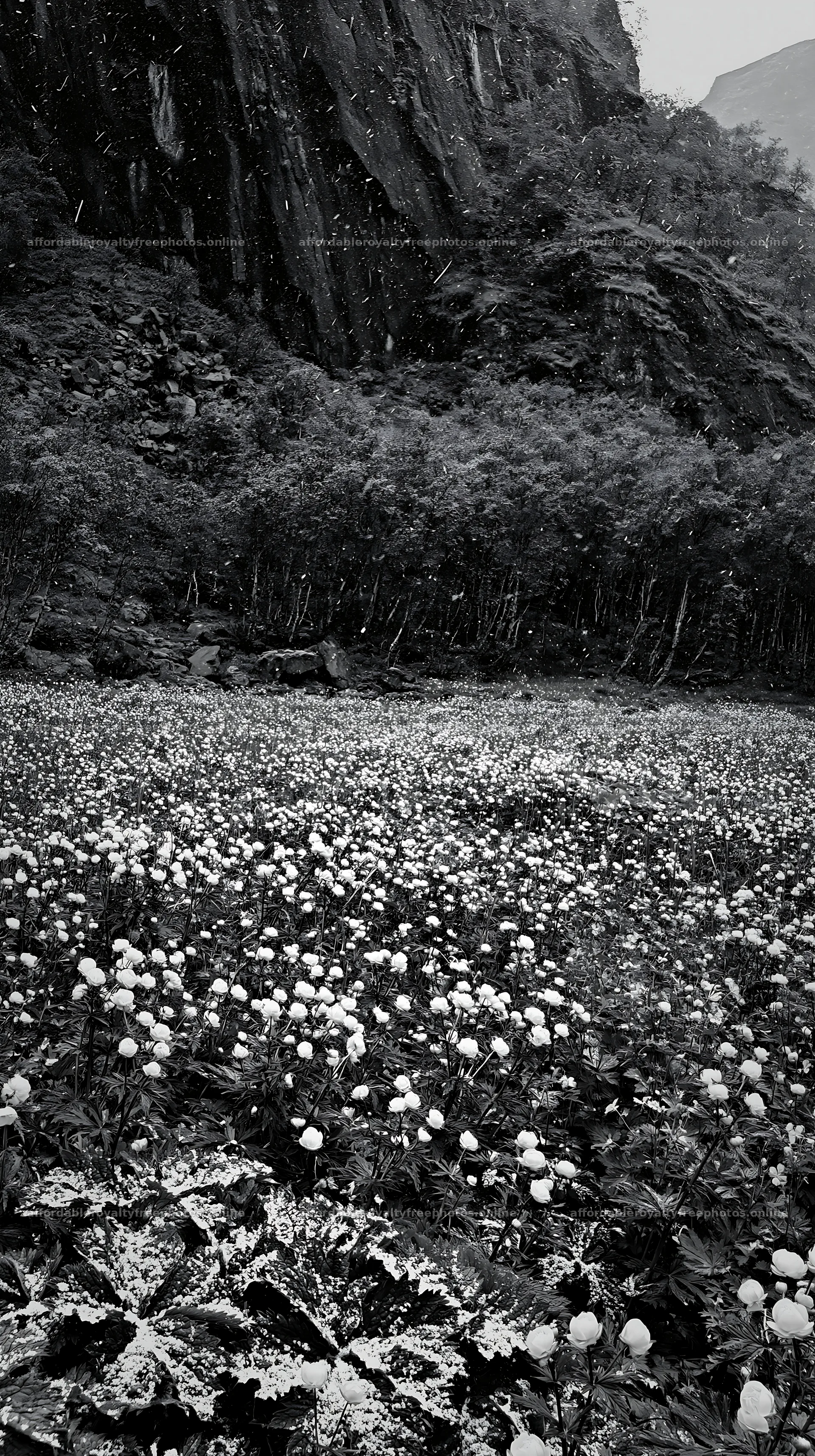 Meadow with white flowers under crags in monochrome – royalty-free photos 5938x10608
