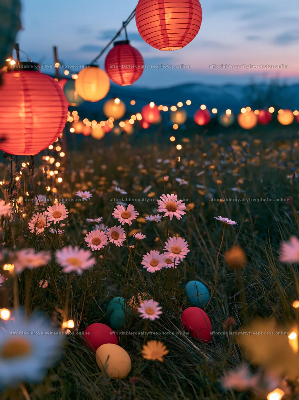 Vibrant Christmas lanterns in meadow under twilight sky – royalty-free photos 6866x9174