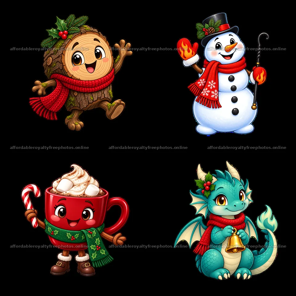 Cheerful cartoon characters celebrating Christmas around a fireplace – royalty-free photos 7746x7746