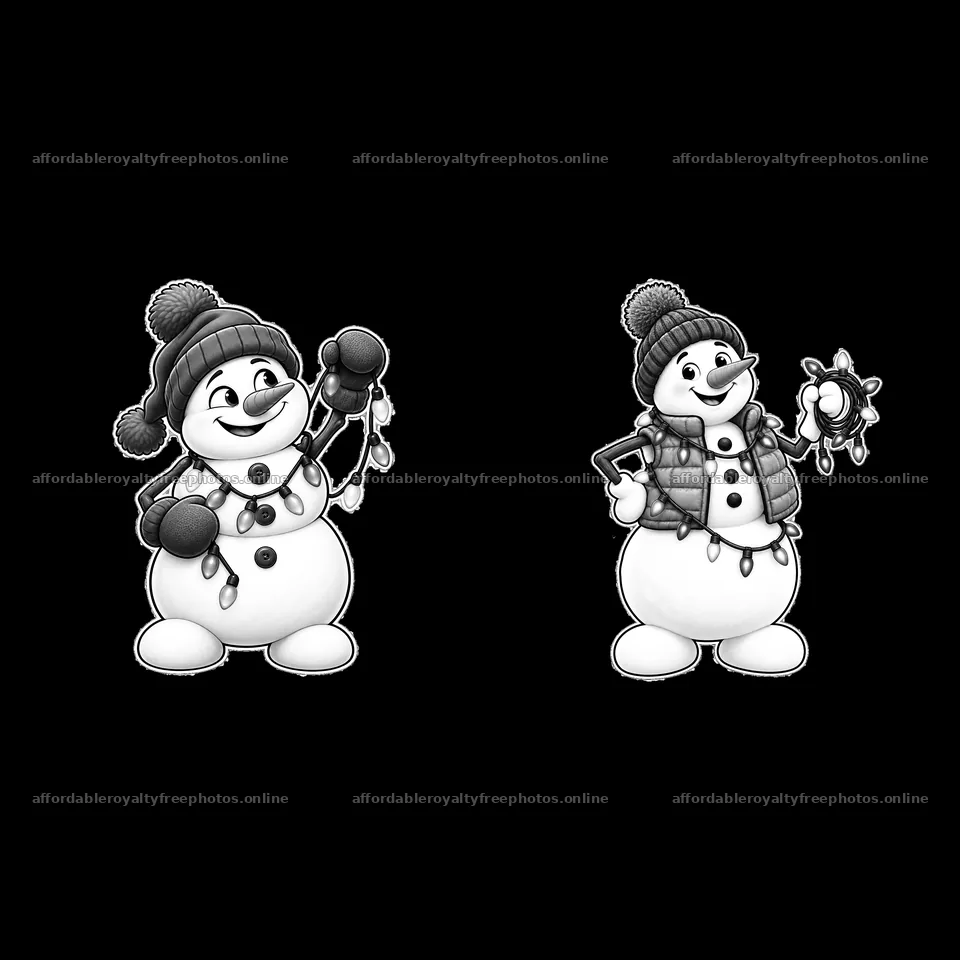 Snowmen holding string lights wearing hats and vests – royalty-free photos 7746x7746