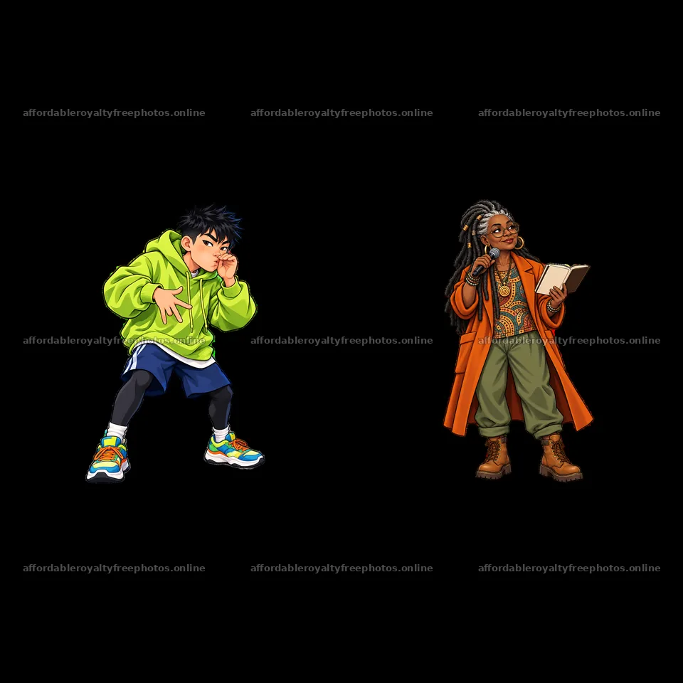 Hip-hop artist in bright clothing performs with style – royalty-free photos 7746x7746