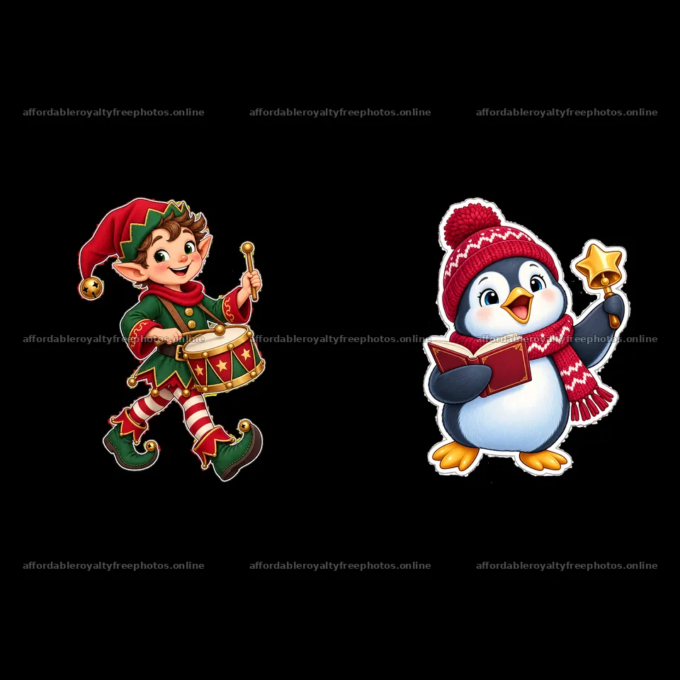 Christmas elf playing drums with a singing penguin holding a book – royalty-free photos 7746x7746