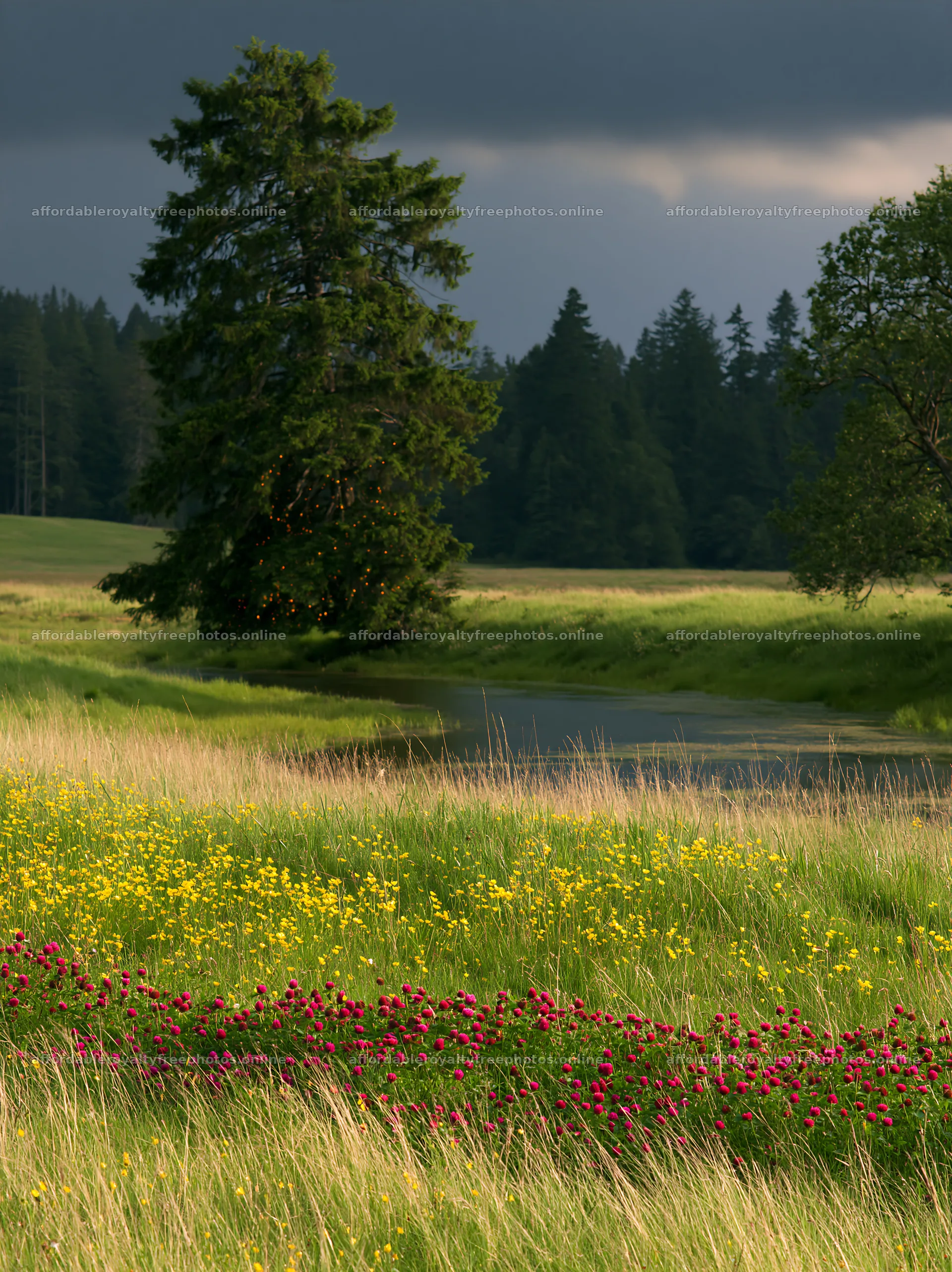 Christmas tree above stream in meadow with colorful – royalty-free photos 6866x9174