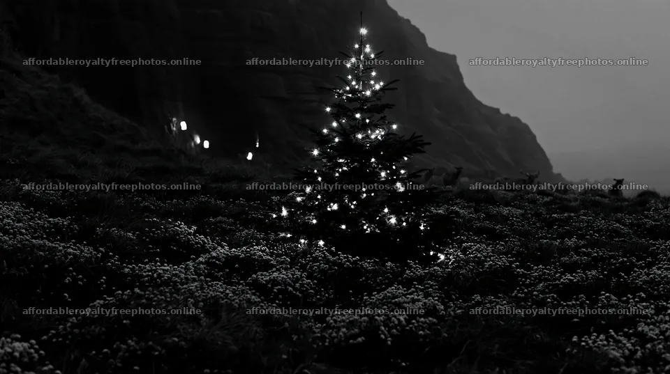 Christmas tree in meadow at dusk by cave – royalty-free photos 10608x5938