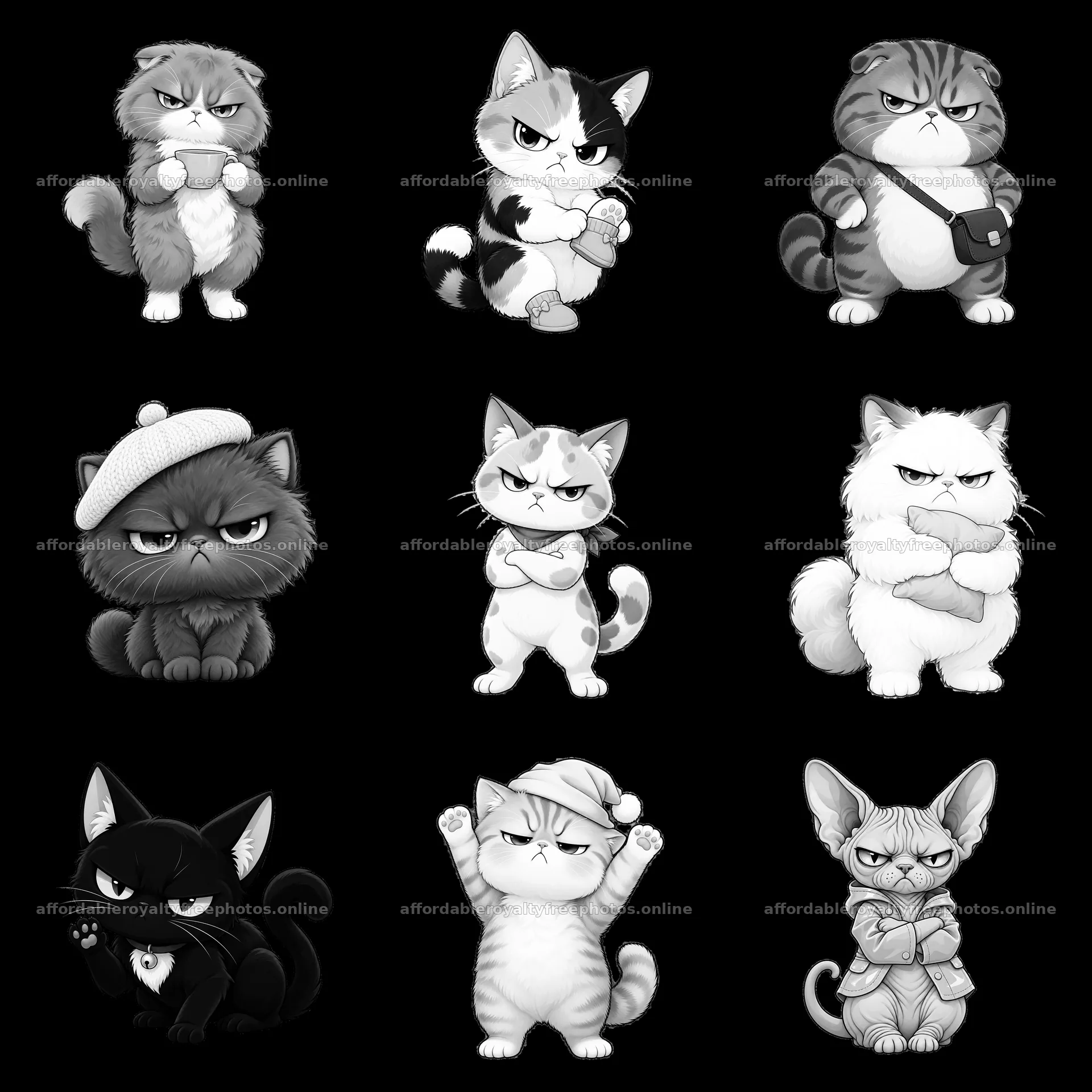 Kawaii grumpy cats in a 3x3 sticker illustration – royalty-free photos 7746x7746