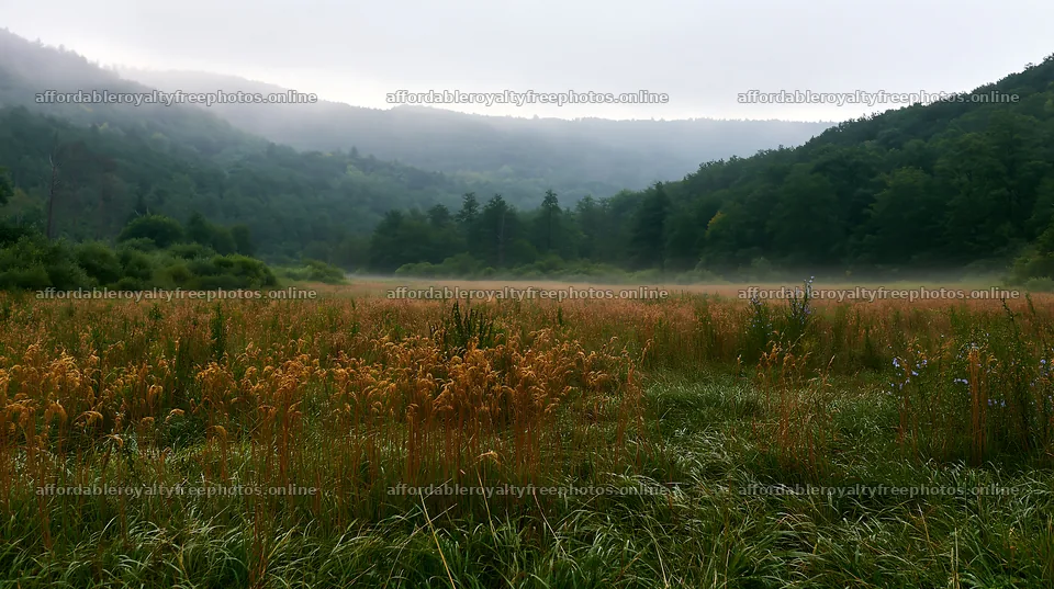 Hungarian meadow with mist along wooded valley – royalty-free photos 10608x5938