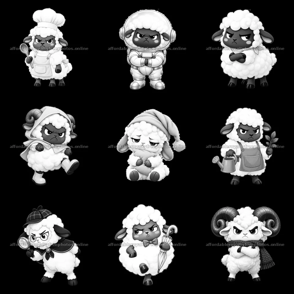 Kawaii grumpy sheep in various outfits and activities – royalty-free photos 7746x7746